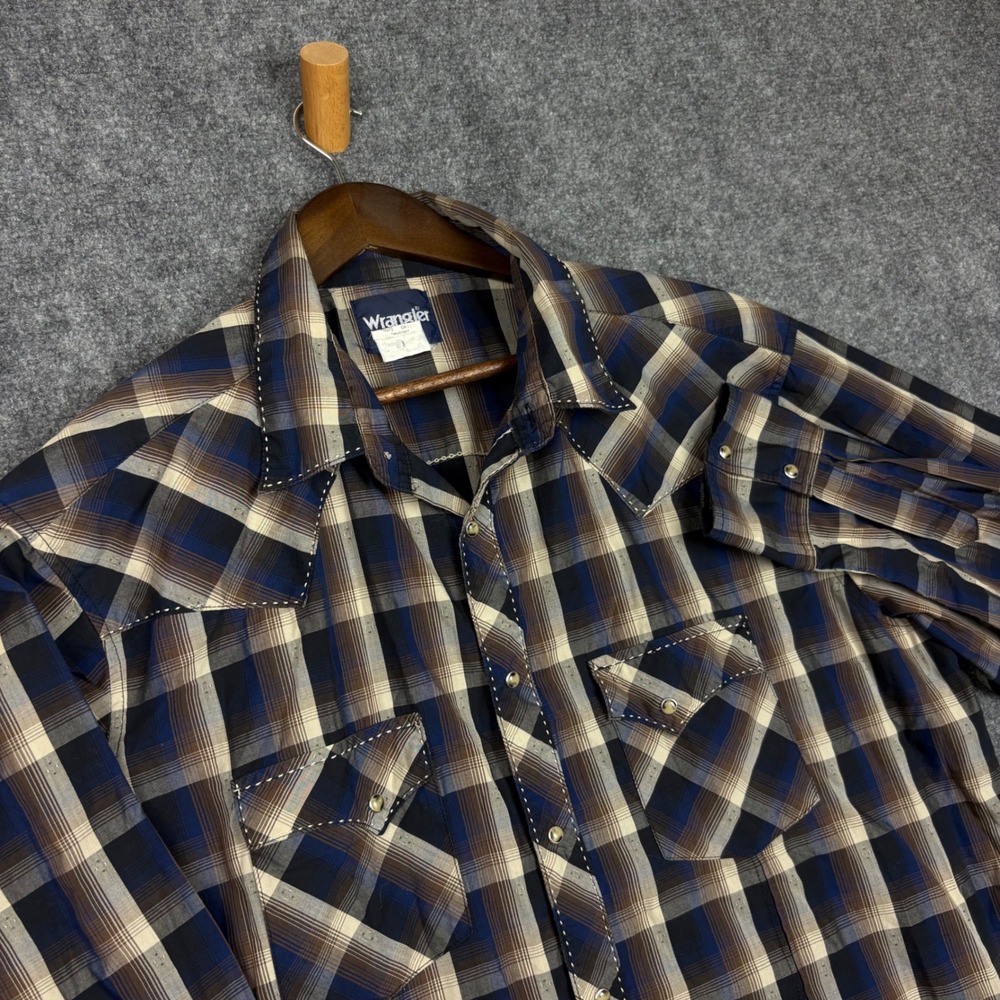 Wrangler Mens Blue Brown Plaid Western Snap Shirt XXL MVG220M Pearl Snap L/S